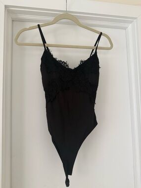 Zara Black Lace-Trim Bodysuit with Spaghetti Straps